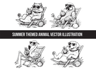Summer time vector flyer, banner template. It's summer time animals illustration theme. dog, cat, touchan, flamingo, duck, bear, and tropical and beach theme, line art animals, animals