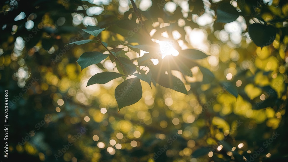 Poster green colored nature scene with abstract bokeh and sunlight filtering through trees
