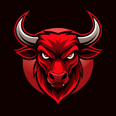 Red bull with glowing eyes and sharp horns set against dark crimson shadows and light effects in bold esport form