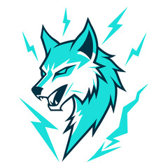 Snarling digital wolf in cyan-lined outline, surrounded by glitch storm patterns in sleek esport form