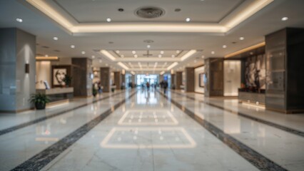 Abstract blurred view of a contemporary corporate lobby featuring bokeh lighting effects