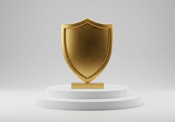 Golden shield trophy awarded on a white pedestal against a light background