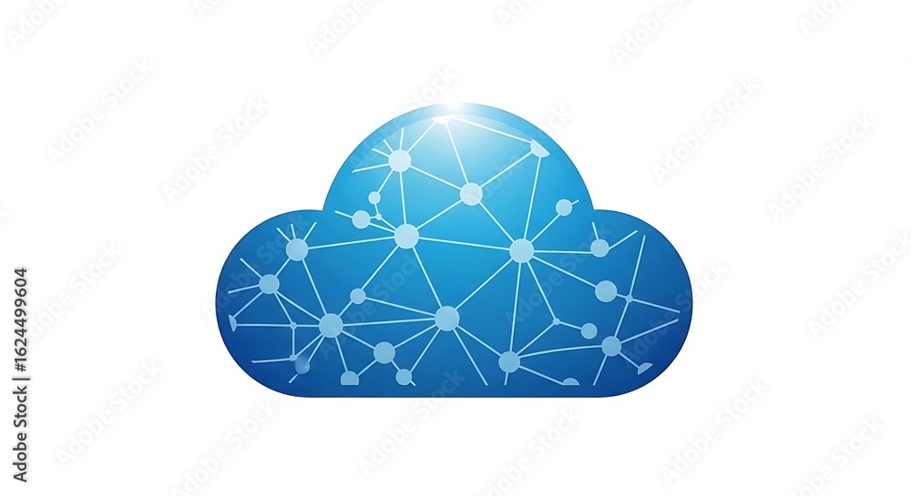Poster a blue cloud with a network of lines and circles connecting them on a white background with a bright