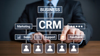 Businessman interacts with CRM system flowchart for enhanced business strategy and customer relations management