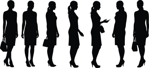 Silhouettes of elegant businesswomen in professional attire, showcasing different poses, hairstyles, and accessories for corporate and lifestyle concepts.