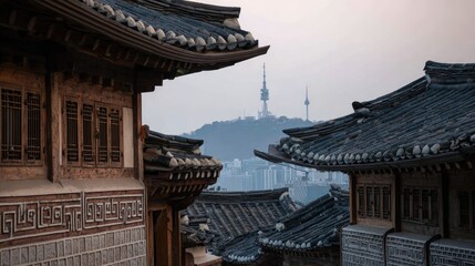 Obraz premium Traditional korean architecture with city view.