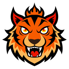 Fierce cartoon tiger head with tribal flames and sharp canines, styled in spiked vector design
