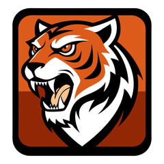 Roaring tiger head in orange-white with black stripes, set inside a solid brown square badge for vector strength