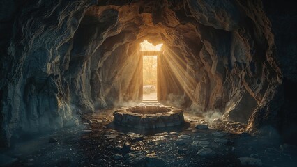 Abstract art showing a glowing cave interior with an open portal, representing insight and new beginnings.