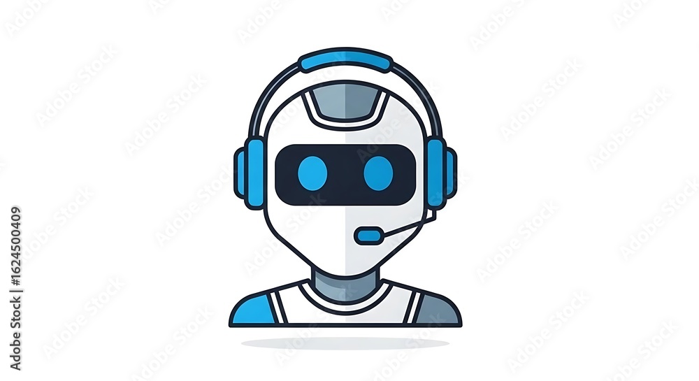 Poster illustration of a robot wearing a headset with a microphone on a white background image design