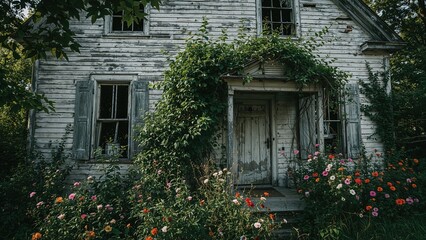 Uninhabited dwelling engulfed in natural overgrowth
