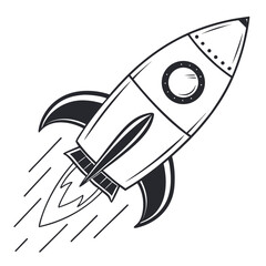 Fototapeta premium Retro style rocket ship blasting off with fiery exhaust and speed lines on a white background