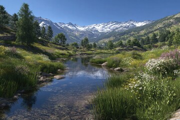 Obraz premium Scenic Mountain Valley With Stream And Flowers