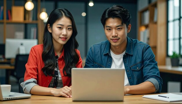 Young Asian business partners collaborating on a laptop in a modern office
