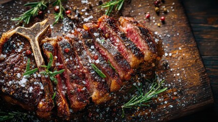 Delicious, juicy T-bone steak cooked and sliced on a wooden board. Showcase culinary excellence for restaurants, recipes and cooking websites.