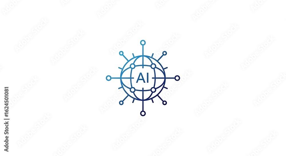 Poster a gradient blue ai icon with lines and circles radiating from a central globe on a white background