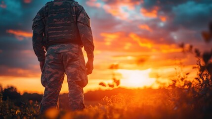 Soldier silhouetted against vibrant sunset landscape