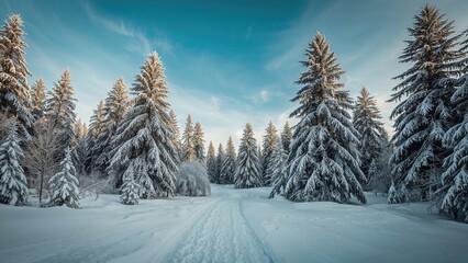 Naklejka premium A nature view in winter with white-coated trees and snow-filled walkways