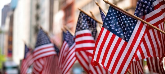 The American flags waving proudly in a vibrant city setting during celebrations.