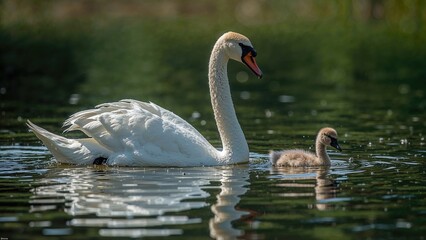 Fototapeta premium A young swan floats gently with droplets on its head.
