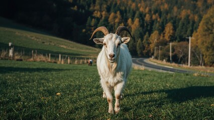 Obraz premium On lush green grass, a bearded white goat with prominent horns wanders beside a forest and pathway