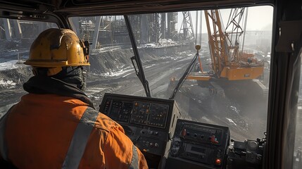 A crane operator skillfully manages controls in a cabin, overlooking an active job site with cinematic detail and industrial gear.