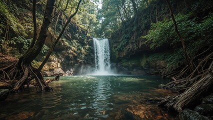 Fototapeta premium A cascade surrounded by dense woodland