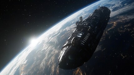 Spacecraft Orbiting Earth with Sunlight in Background