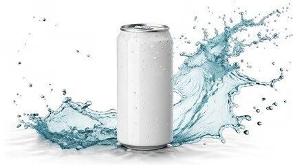 White beverage can with refreshing blue water splash and droplets