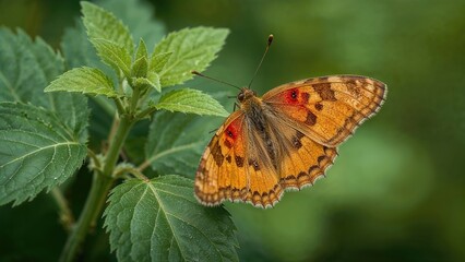 Obraz premium Bright orange and yellow butterfly sitting on a fresh green plant stem