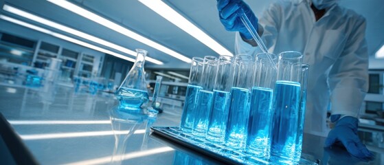 The scientist conducting experiments with blue liquids in the laboratory setting.