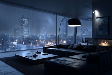 Modern Night View Living Room With Snowy Cityscape
