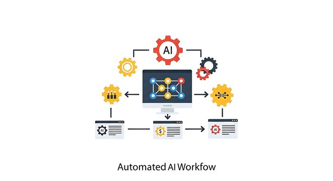 Illustration of ai workflow with computer, gears, and web pages on a white background - Powered by Adobe