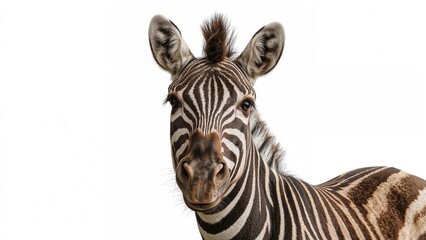 Isolated zebra with a comical face against a white background