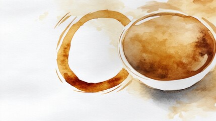 Watercolor Coffee Cup with Coffee Ring on White Surface