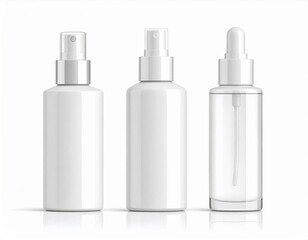 Three White Cosmetic Bottles Mockups With Sprayers And Dropper on White Background