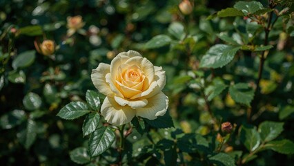 Delicate yellow-toned rose blossoming in nature