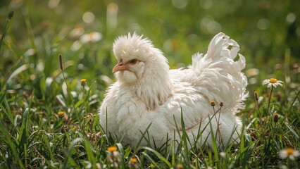 Fototapeta premium Pale Hen Lounging in a Field