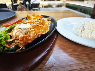Delicious traditional Indonesian fried fish served with steamed rice, sambal, fresh vegetable, tempeh, and tofu on a wooden table – perfect for Asian food lovers.