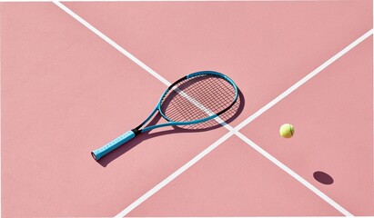 Tennis racket and ball on outdoor court with net during game or practice session