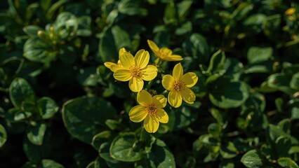 Golden flowers paired with green leaves in a vivid, abstract spring and summer setting