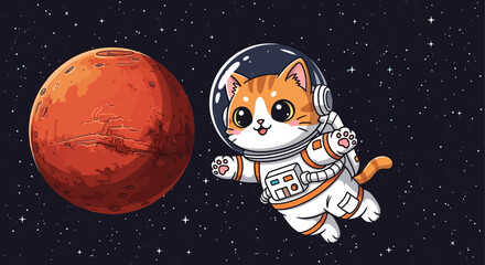 Naklejka premium Cute Astronaut Cat Floating Near Mars Illustration
