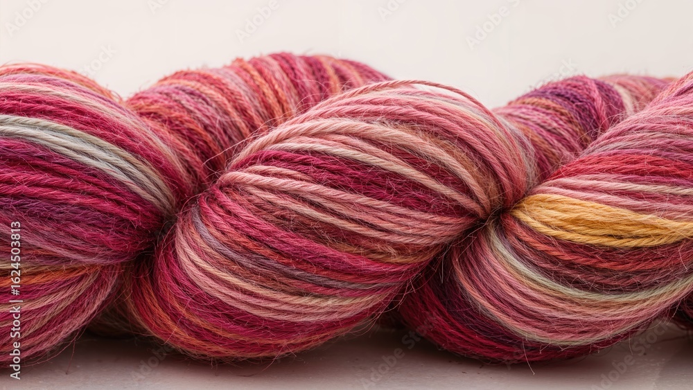 Poster multicolored skein of thread, perfect for knitting projects. natural wool texture in close view.