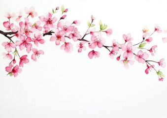 Watercolor Pink Cherry Blossom Branch on White Background for Spring Floral Design