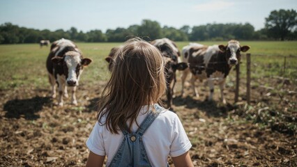 Back view of a joyful kid observing farm animals and cattle on a sustainable agriculture site