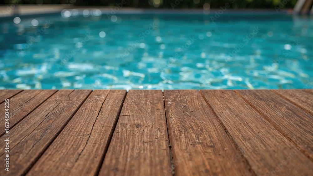 Poster close-up of a wooden table with a hazy pool scene beyond