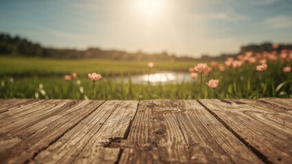 Obraz premium Product display or editing setup featuring a wooden table and grass scenery
