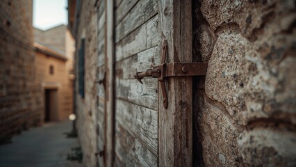 Rustic timber shutters mounted on an old stone facade, highlighting weathered textures and architectural details
