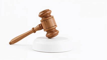 Judicial wooden hammer placed on a clean white backdrop