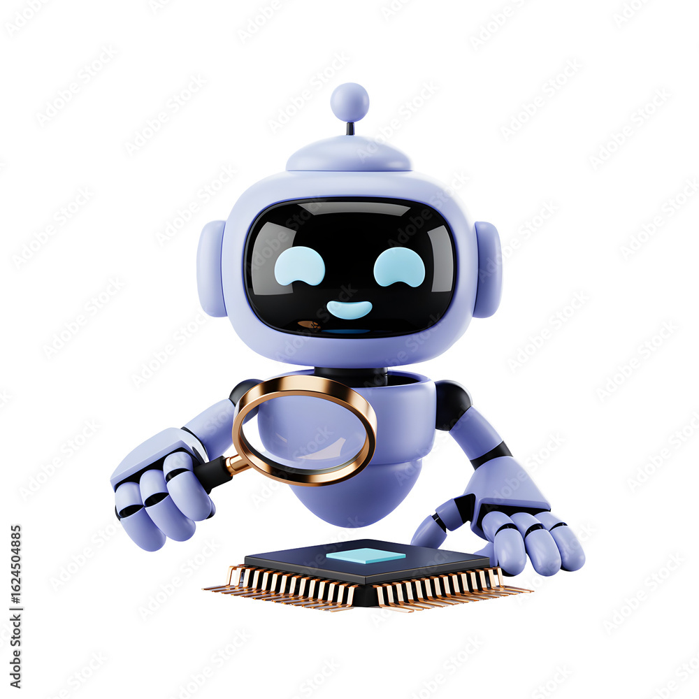 Aufkleber friendly robot inspects computer chip with magnifying glass, exploring technology details with curio